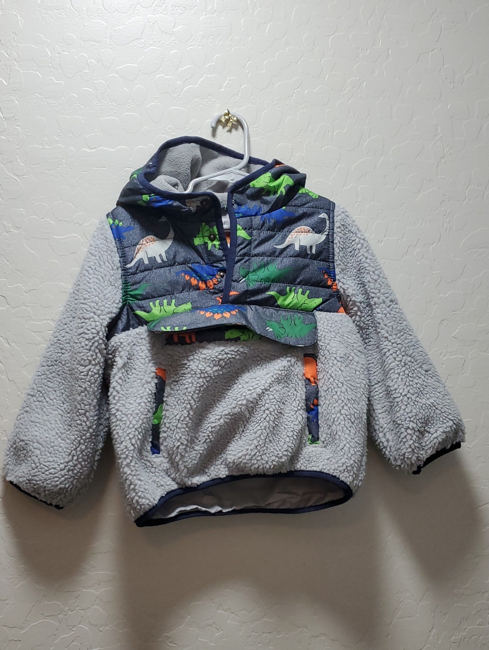Kids Grey Sherpa Hoodie with Dinosaur Print